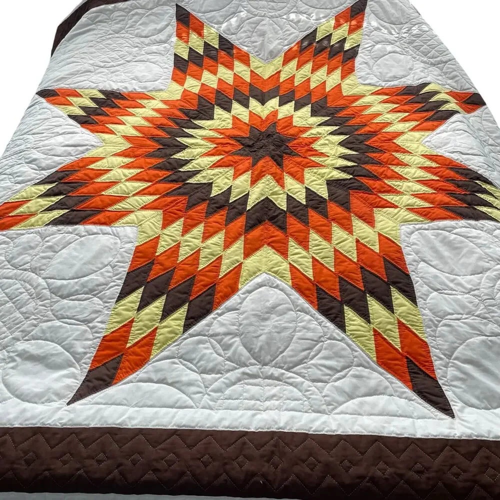 Vintage Handmade Harvest Lone Star Quilt Texas Orange Brown Fall Autumn *READ*
